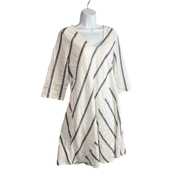 Soft Surroundings Linen Dress V Neck Blue White Coastal Stripe Medium Petite - Picture 1 of 8